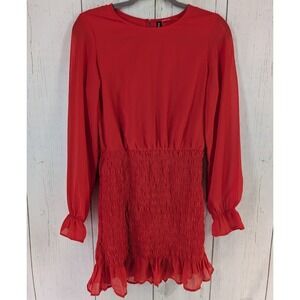 HM Size Small Red Long‎ Sleeve Smocking Detail Womens Dress